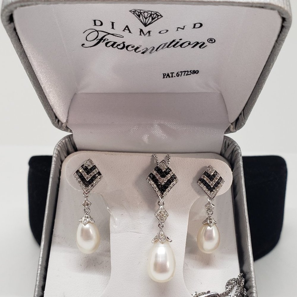 Cultured Pearl Ring/Necklace/Earring SET CFWP SS 1/3 CT - Picture 2 of 7